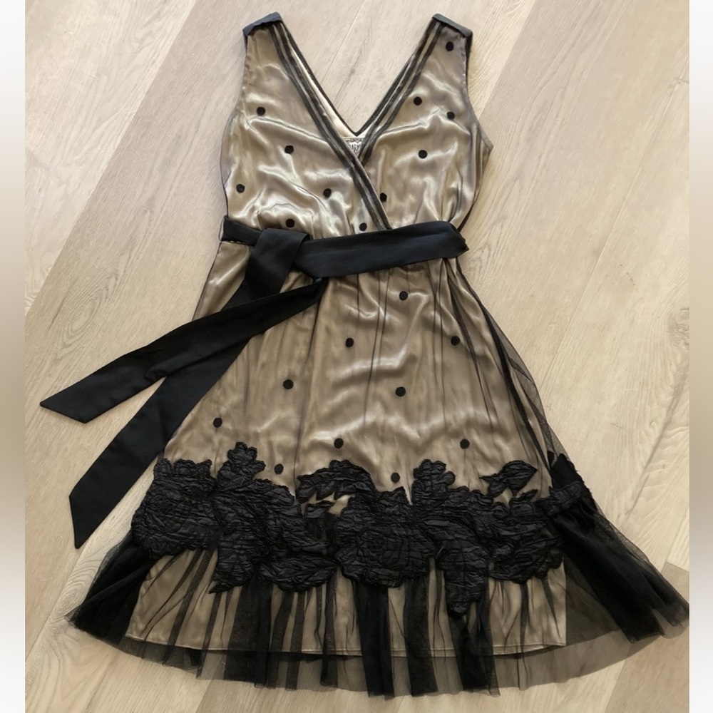 Yoana Baraschi Anthropologie Black Tulle & Lace Polka Dot Cocktail Dress -Size 4